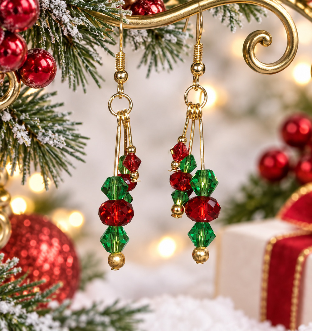 Handmade Briolette Bi-Cone Gold Earrings: Holiday Festive #C35